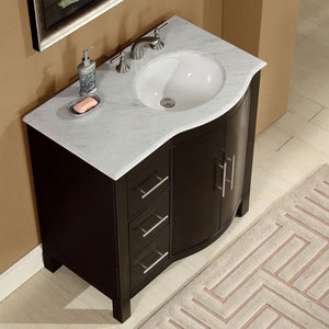Silkroad Exclusive 36" Modern Dark Walnut Single Sink Vanity with Carrara Marble - HYP-0912-WM-UWC-36, right sink