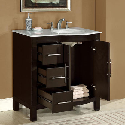 Silkroad Exclusive 36" Modern Dark Walnut Single Sink Vanity with Carrara Marble - HYP-0912-WM-UWC-36, right sink, open