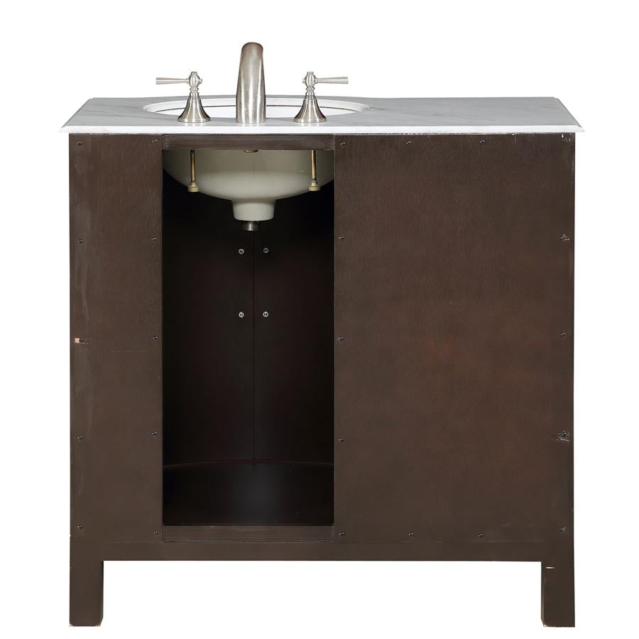 Silkroad Exclusive 36" Modern Dark Walnut Single Sink Vanity with Carrara Marble - HYP-0912-WM-UWC-36, right sink, back