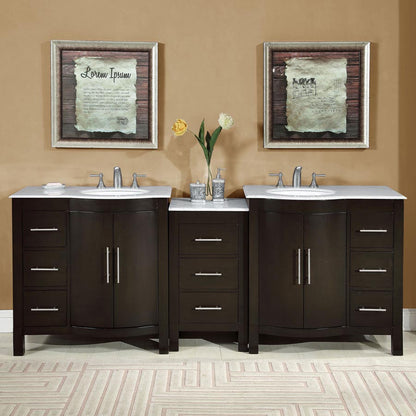 Silkroad Exclusive 89-inch Modern Dark Walnut Double Sink Vanity with Carrara White Marble Top - HYP-0912-WM-UWC-89