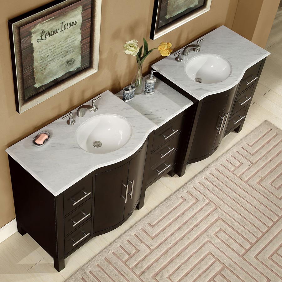 Silkroad Exclusive 89-inch Modern Dark Walnut Double Sink Vanity with Carrara White Marble Top - HYP-0912-WM-UWC-89