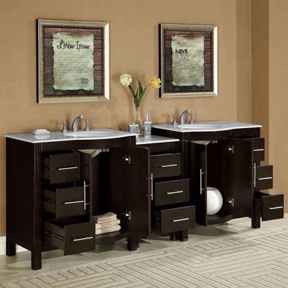 Silkroad Exclusive 89-inch Modern Dark Walnut Double Sink Vanity with Carrara White Marble Top - HYP-0912-WM-UWC-89, open