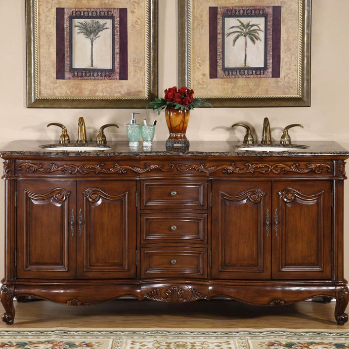 Silkroad Exclusive 72-inch English Chestnut Double Sink Vanity with Baltic Brown Granite Top - HYP-8034-BB-UIC-72