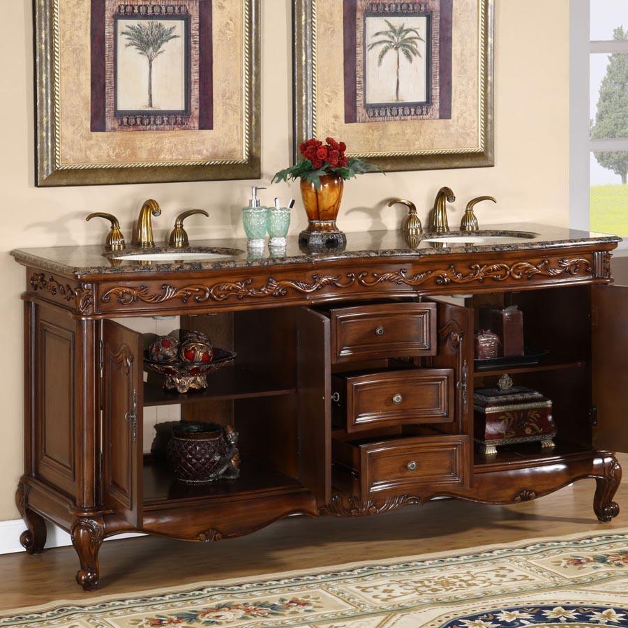 Silkroad Exclusive 72-inch English Chestnut Double Sink Vanity with Baltic Brown Granite Top - HYP-8034-BB-UIC-72
