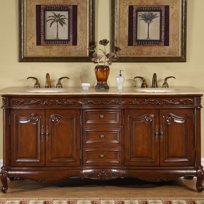 Silkroad Exclusive 2-inch English Chestnut Double Sink Vanity with Travertine Top - Traditional Elegance - HYP-8034-T-UIC-72