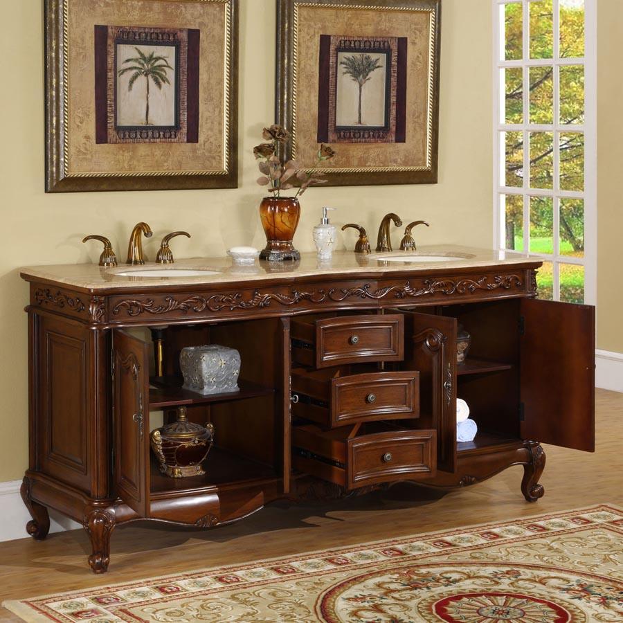 Silkroad Exclusive 2-inch English Chestnut Double Sink Vanity with Travertine Top - Traditional Elegance - HYP-8034-T-UIC-72, open