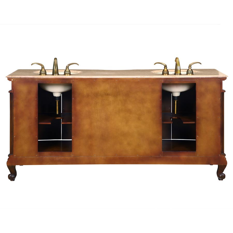 Silkroad Exclusive 2-inch English Chestnut Double Sink Vanity with Travertine Top - Traditional Elegance - HYP-8034-T-UIC-72, back