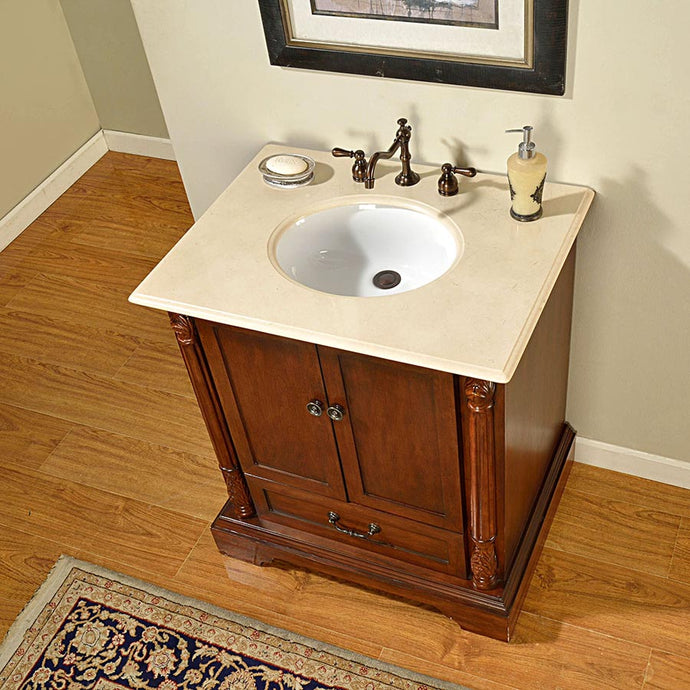 Silkroad Exclusive 32-inch Walnut Single Sink Vanity with Crema Marfil Marble Top - Compact Transitional Design - JB-0270-CM-UWC-32