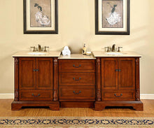 Load image into Gallery viewer, Silkroad Exclusive 87-inch Walnut Double Sink Vanity with Crema Marfil Marble Top - Transitional Style - JB-0270-CM-UWC-87