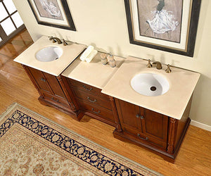Silkroad Exclusive 87-inch Walnut Double Sink Vanity with Crema Marfil Marble Top - Transitional Style - JB-0270-CM-UWC-87