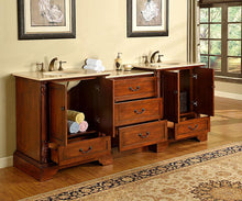 Load image into Gallery viewer, Silkroad Exclusive 87-inch Walnut Double Sink Vanity with Crema Marfil Marble Top - Transitional Style - JB-0270-CM-UWC-87, open