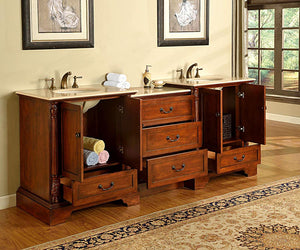 Silkroad Exclusive 87-inch Walnut Double Sink Vanity with Crema Marfil Marble Top - Transitional Style - JB-0270-CM-UWC-87, open