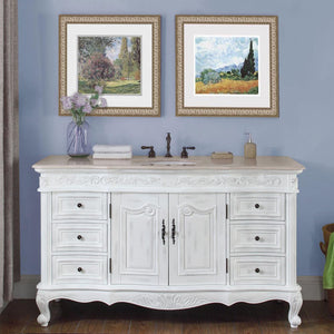 Silkroad Exclusive 60-inch Antique White Single Sink Vanity with Crema Marfil Marble Top - JB-0273-CM-UWC-60