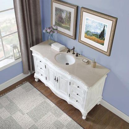 Silkroad Exclusive 60-inch Antique White Single Sink Vanity with Crema Marfil Marble Top - JB-0273-CM-UWC-60