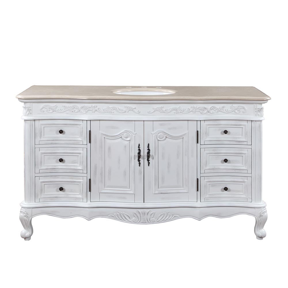 Silkroad Exclusive 60-inch Antique White Single Sink Vanity with Crema Marfil Marble Top - JB-0273-CM-UWC-60