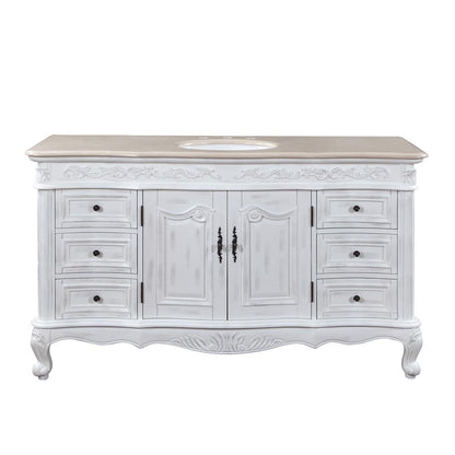 Silkroad Exclusive 60-inch Antique White Single Sink Vanity with Crema Marfil Marble Top - JB-0273-CM-UWC-60