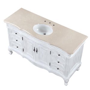 Silkroad Exclusive 60-inch Antique White Single Sink Vanity with Crema Marfil Marble Top - JB-0273-CM-UWC-60