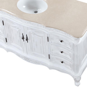 Silkroad Exclusive 60-inch Antique White Single Sink Vanity with Crema Marfil Marble Top - JB-0273-CM-UWC-60