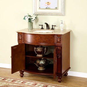 Silkroad Exclusive 36-inch Natural Cherry Single Sink Vanity with Travertine Top - Transitional Design, open