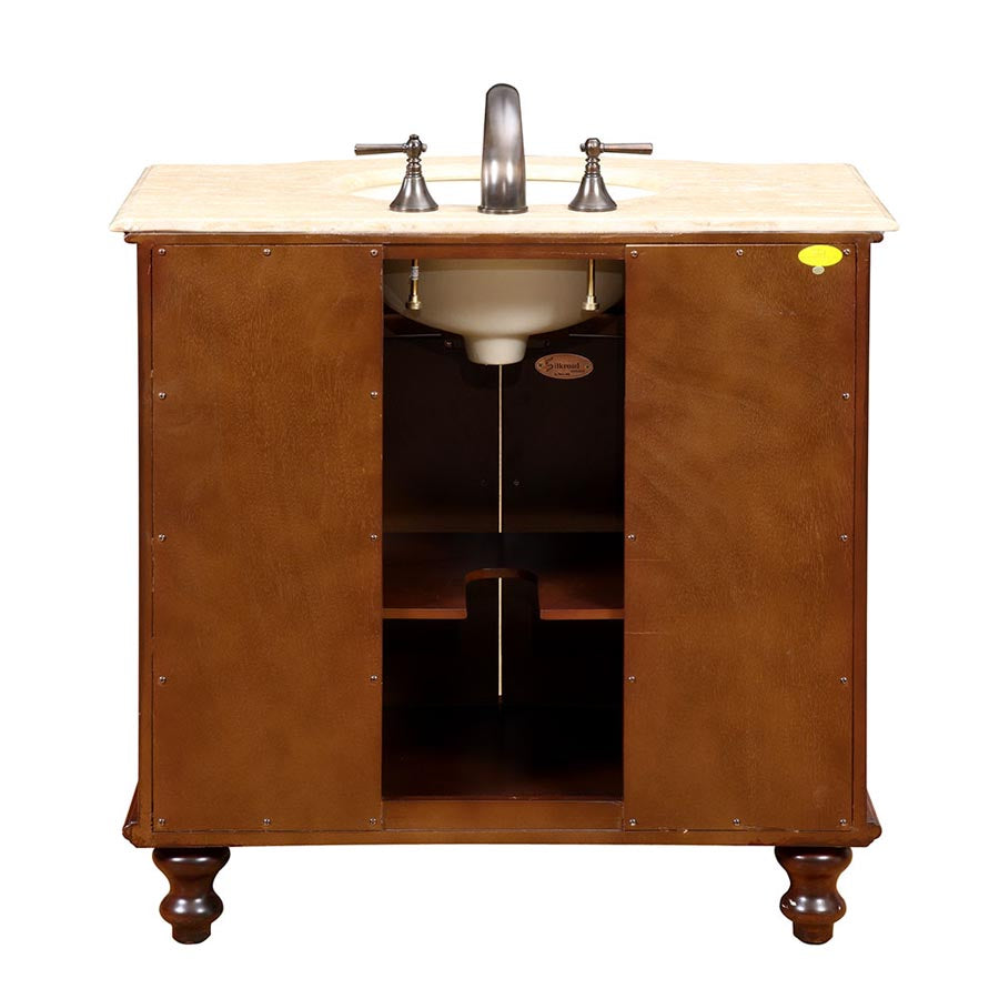 Silkroad Exclusive 36-inch Natural Cherry Single Sink Vanity with Travertine Top - Transitional Design, back