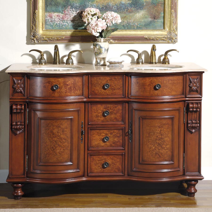 Silkroad Exclusive55-inch Natural Cherry Double Sink Vanity with Travertine Top - Transitional Elegance - JYP-0192-T-UIC-55