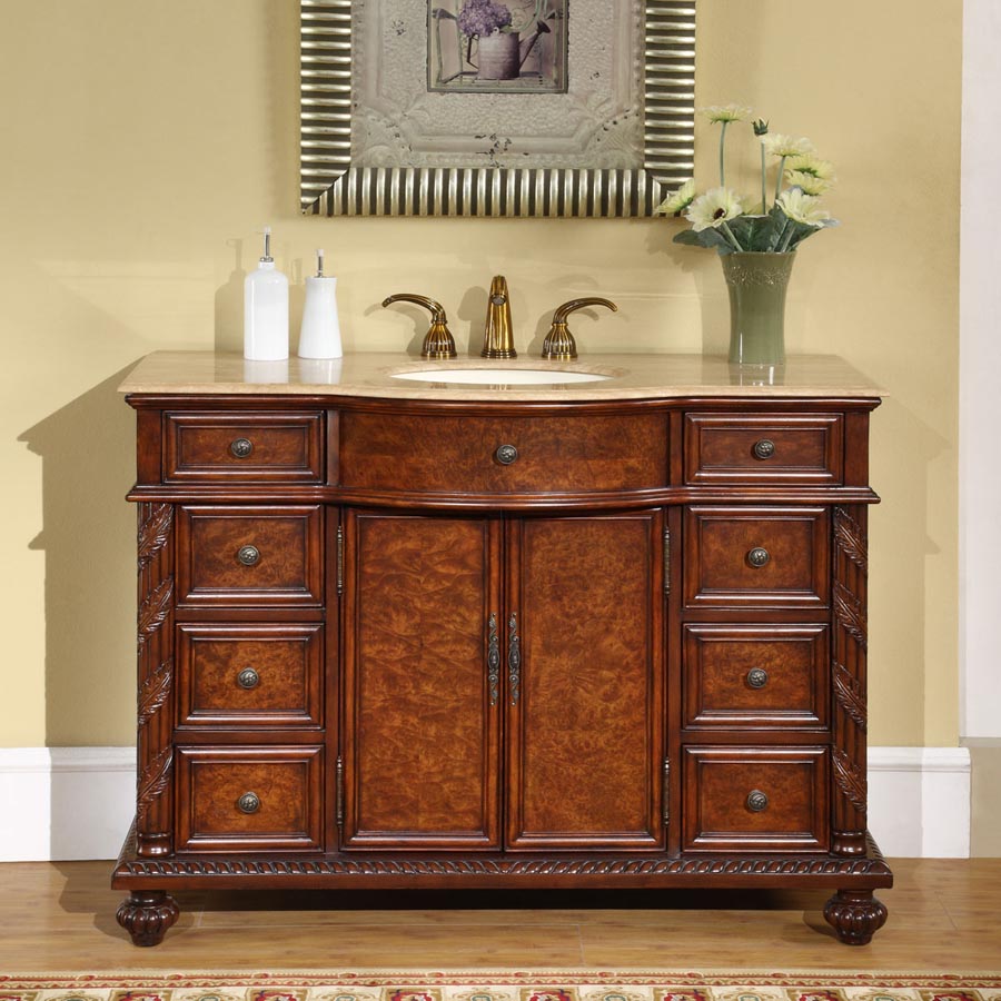 Silkroad Exclusive 48-inch Red Mahogany Single Sink Vanity with Travertine Top - Traditional Luxury - JYP-0193-T-UIC-48