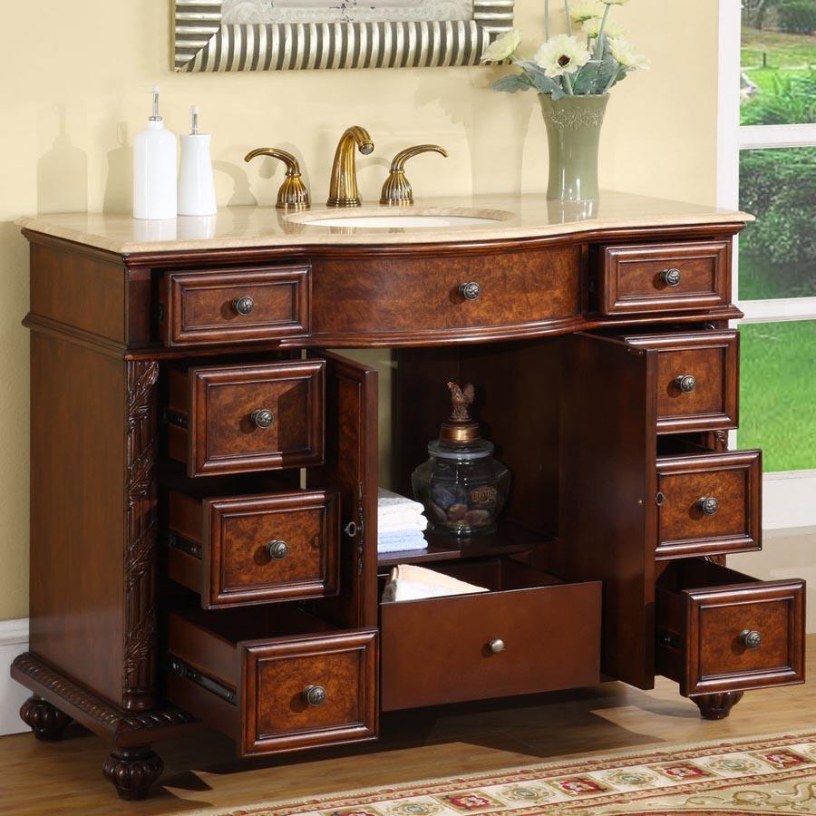 Silkroad Exclusive 48-inch Red Mahogany Single Sink Vanity with Travertine Top - Traditional Luxury - JYP-0193-T-UIC-48