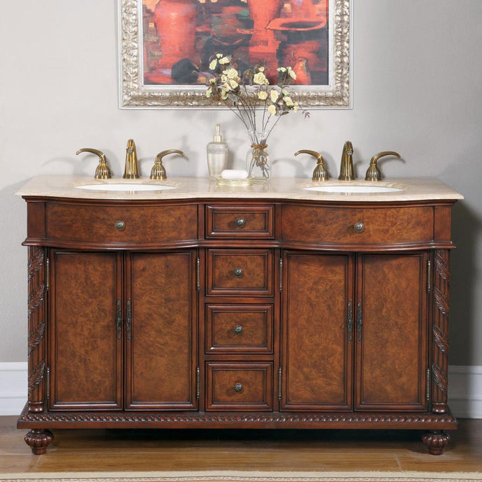 Silkroad Exclusive 60-inch Red Mahogany Double Sink Vanity with Travertine Top - Classic Dual Vanity - JYP-0193-T-UIC-60