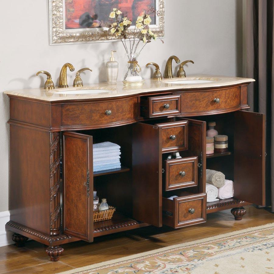 Silkroad Exclusive 60-inch Red Mahogany Double Sink Vanity with Travertine Top - Classic Dual Vanity - JYP-0193-T-UIC-60