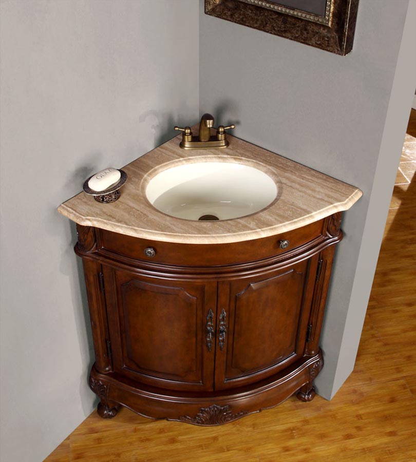 Silkroad Exclusive 32-inch Cherry Corner Single Sink Vanity with Travertine Top - Compact Elegance- LTP-0126B-T-UWC-32