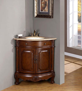 Silkroad Exclusive 32-inch Cherry Corner Single Sink Vanity with Travertine Top - Compact Elegance- LTP-0126B-T-UWC-32
