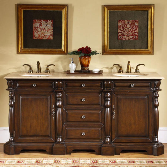 Silkroad Exclusive 72-inch Dark Chestnut Double Sink Vanity with Travertine Top - Traditional Grandeur - LTP-0176-T-UIC-72