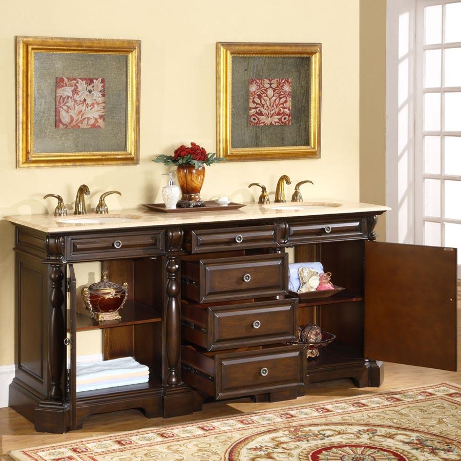 Silkroad Exclusive 72-inch Dark Chestnut Double Sink Vanity with Travertine Top - Traditional Grandeur - LTP-0176-T-UIC-72, open