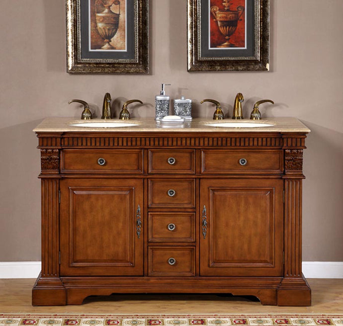 Silkroad Exclusive 55-inch Cherry Double Sink Vanity with Travertine Top - Classic Design - LTP-0181-T-UIC-55