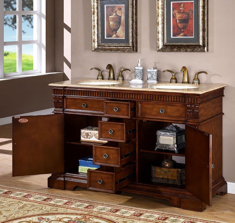 Silkroad Exclusive 55-inch Cherry Double Sink Vanity with Travertine Top - Classic Design - LTP-0181-T-UIC-55