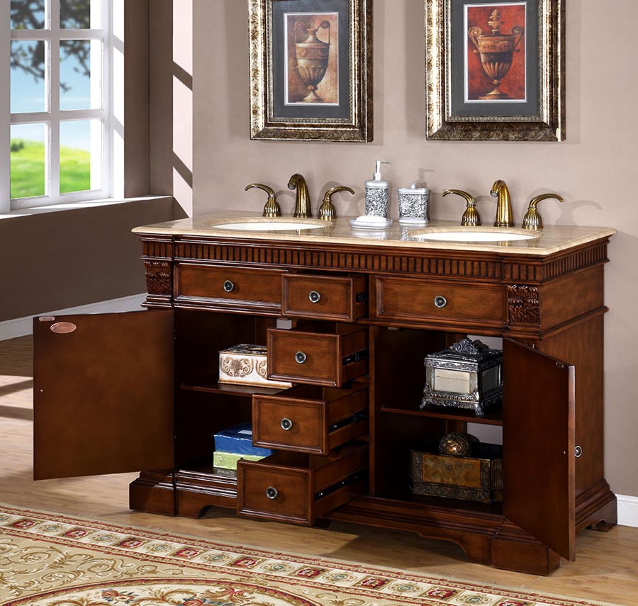 Silkroad Exclusive 55-inch Cherry Double Sink Vanity with Travertine Top - Classic Design - LTP-0181-T-UIC-55, open