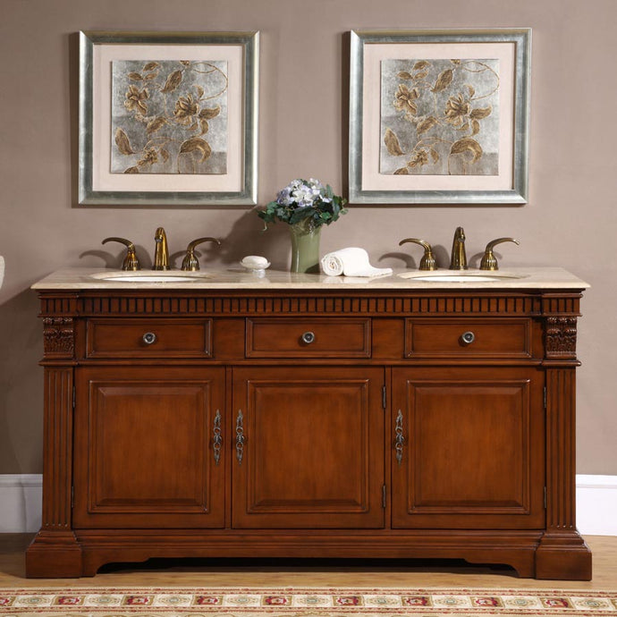 Silkroad Exclusive 67-inch Cherry Double Sink Vanity with Travertine Top - Traditional Elegance - LTP-0181-T-UIC-67