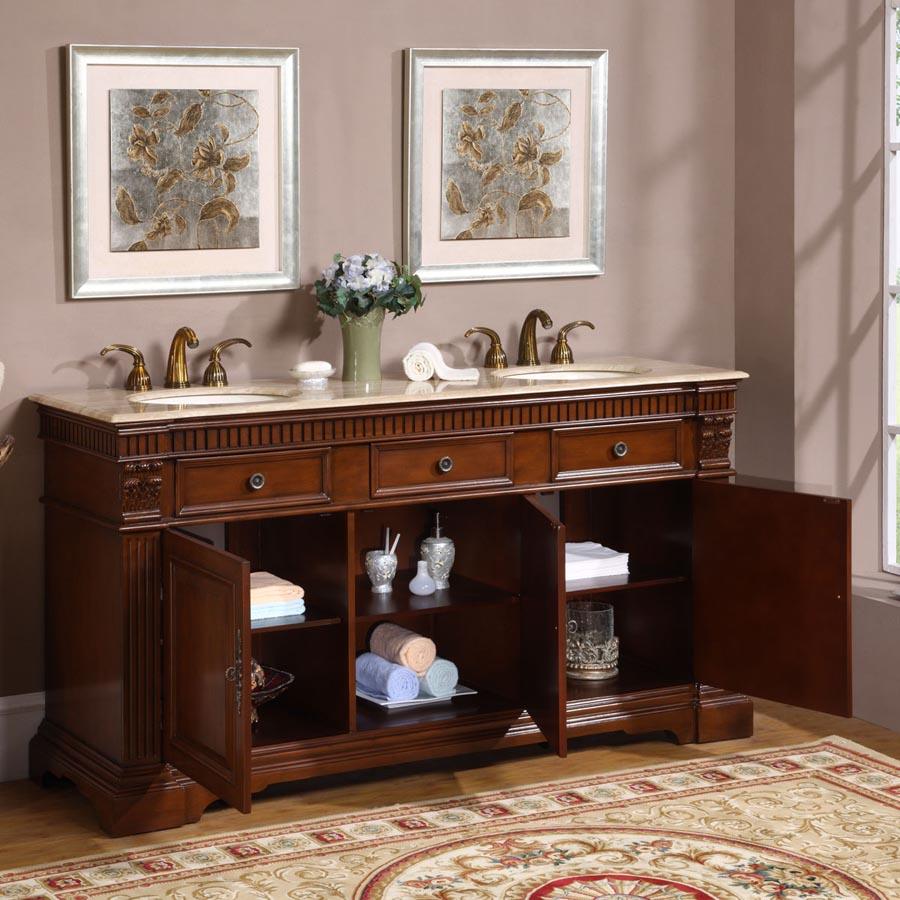 Silkroad Exclusive 67-inch Cherry Double Sink Vanity with Travertine Top - Traditional Elegance - LTP-0181-T-UIC-67