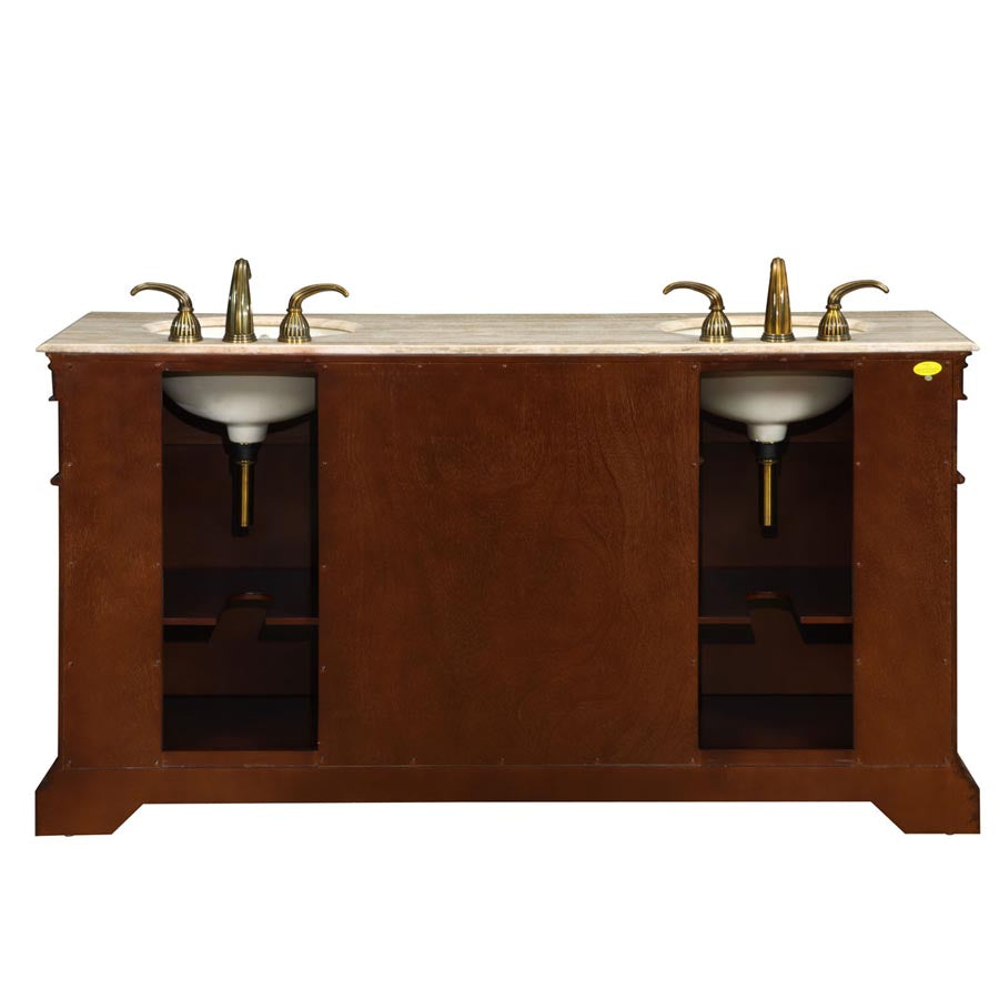 Silkroad Exclusive 67-inch Cherry Double Sink Vanity with Travertine Top - Traditional Elegance - LTP-0181-T-UIC-67, back