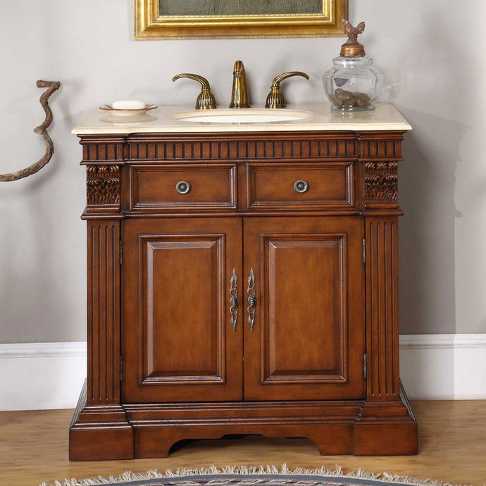 Silkroad Exclusive 36-inch Cherry Single Sink Vanity with Crema Marfil Marble Top - LTP-0182-CM-UIC-36