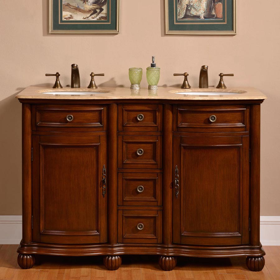 Silkroad Exclusive 52-inch Traditional Double Sink Vanity with Travertine Top - English Chestnut- LTR-0180-T-UWC-52