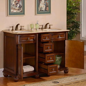 Silkroad Exclusive 52-inch Traditional Double Sink Vanity with Travertine Top - English Chestnut- LTR-0180-T-UWC-52, open