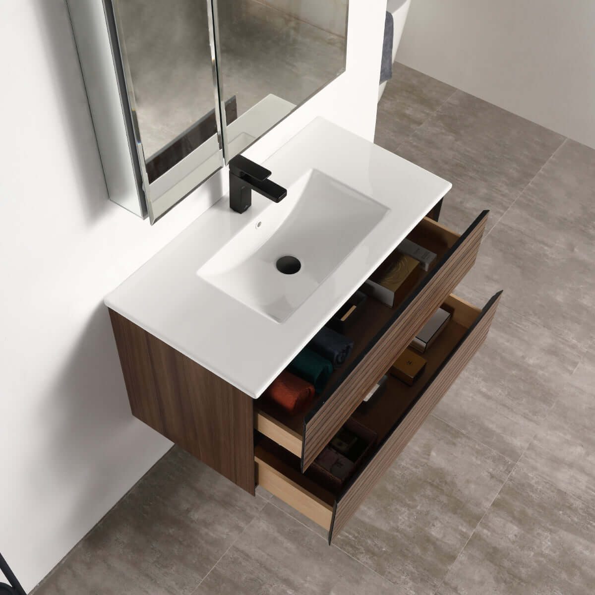 Blossom Annecy 36″ Wall-Hung Vanity - Modern Minimalist Design with Soft-Closing Drawers in Dark Walnut - up view, open