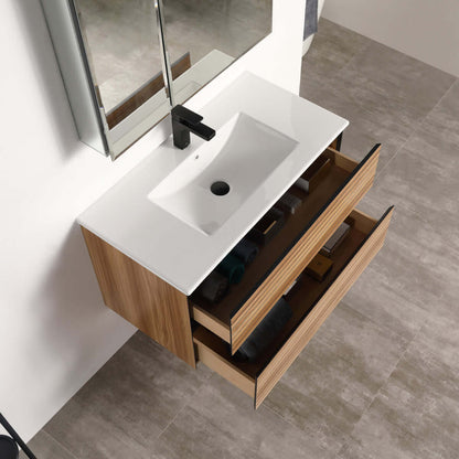 Blossom Annecy 36″ Wall-Hung Vanity - Modern Minimalist Design with Soft-Closing Drawers in Maple - open, up view