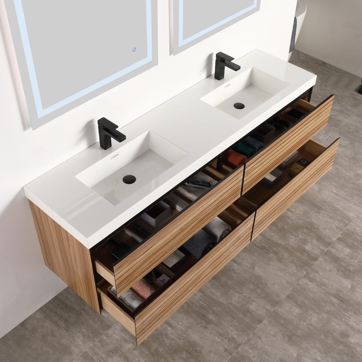 Blossom Annecy 72" Double Sink Vanity – Modern Minimalist Wall-Hung Design in Maple- open