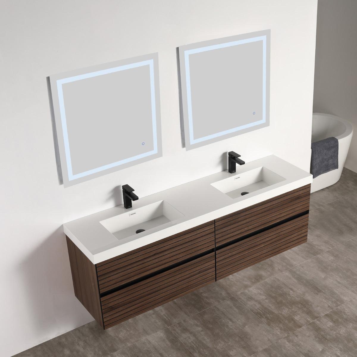 Blossom Annecy 72" Double Sink Vanity – Modern Minimalist Wall-Hung Design in Dark Walnut up view