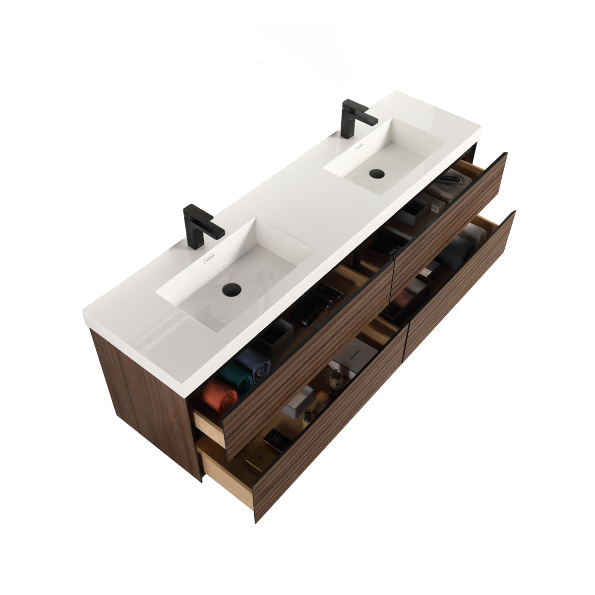 Blossom Annecy 72" Double Sink Vanity – Modern Minimalist Wall-Hung Design in Dark Walnut - open
