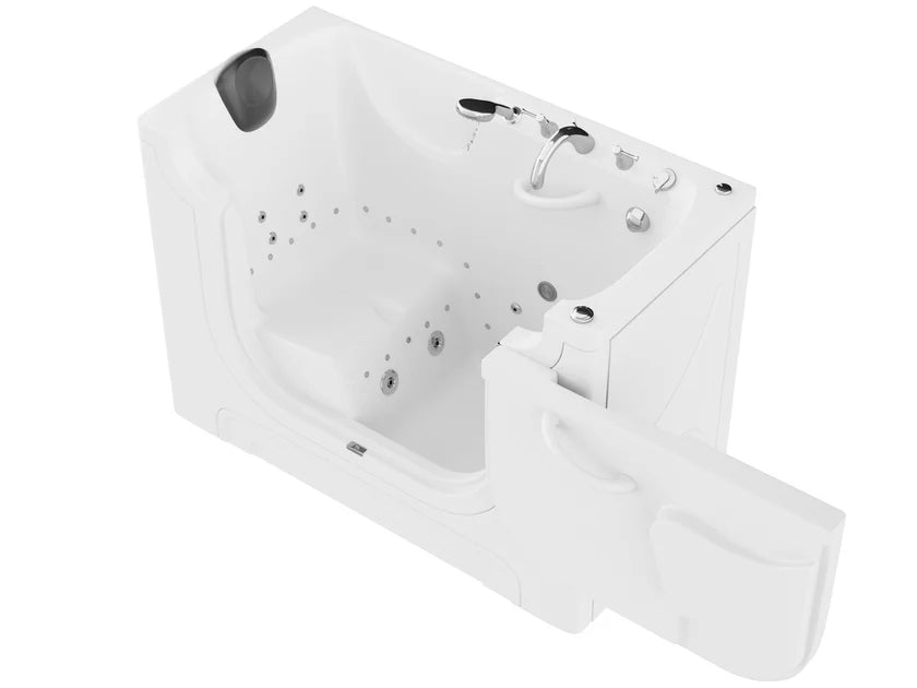 Right drain, whirlpool bathtub with jets on a white background