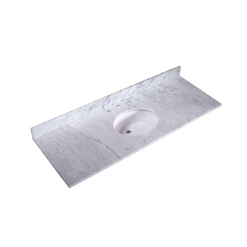 60" Carrara Marble Vanity Top, Center Oval Sink, 8" Faucet Spread - T60C03