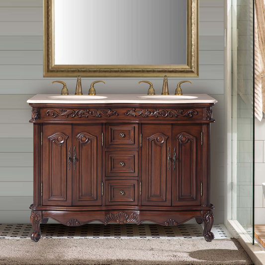 Silkroad Exclusive 48-inch English Chestnut Double Sink Vanity with Crema Marfil Marble Top - V0145CW48D